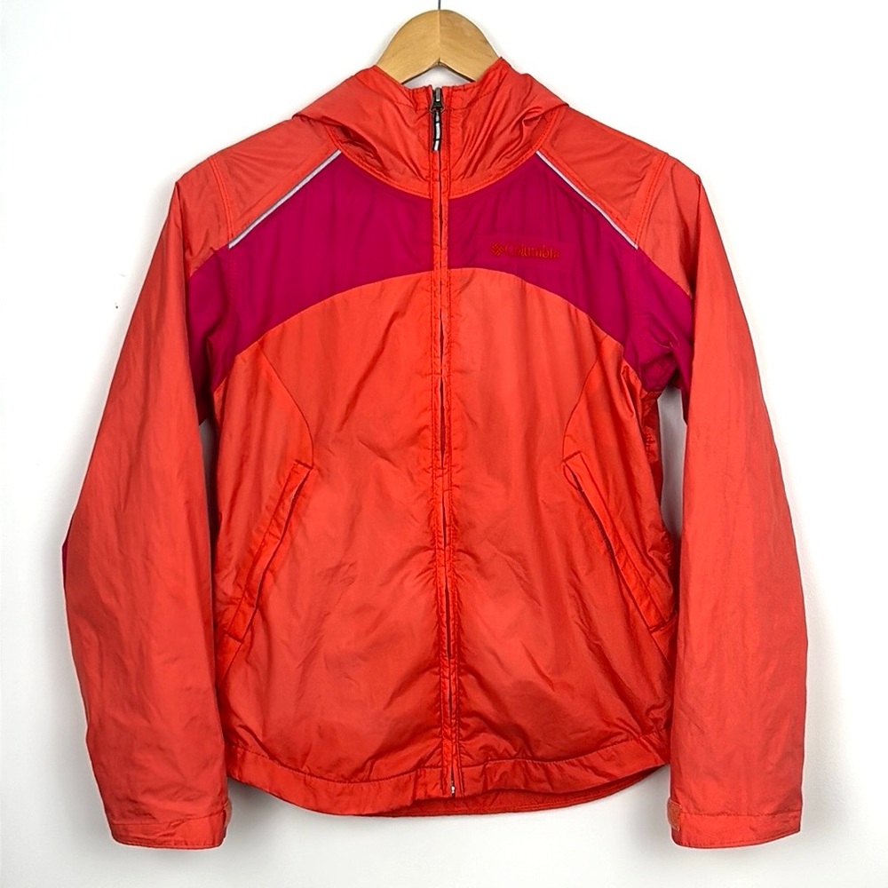 Columbia nylon windbreaker hooded orange and pink kids girls medium M 10/12